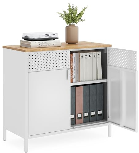 SONGMICS Storage Cabinet, Metal Cabinet, Sideboard with 2 Doors, 15.7 x 31.5 x 29.9 Inches, Magnetic Closure, Adjustable Shelf, Steel Frame, Natural Beige and White ULSC102W57