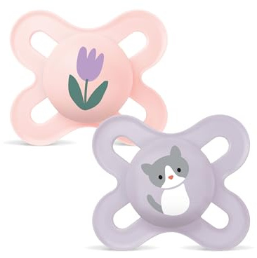 MAM Newborn Baby Pacifier 0-2 Months with Symmetrical Teat Flat and Flexible Silicone Easy to Receive with Self-Sterilising Box, Matte Pink, Pack of 2