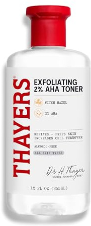 Thayers 2% AHA Exfoliating and Brightening Toner with Glycolic Acid, Lactic Acid and Witch Hazel, Smoothing and Pore Refining Skin Care for All Skin Types, 12 Fl Oz​