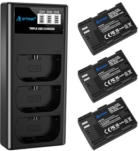 Artman LP-E6N LP-E6 Battery 3-Pack 2750mAh and 3-Slot LCD Charger for EOS R R5 R6 R7, R5 C, R6 Mark II,EOS 5D Mark II III IV,5D SR,6D Mark II 7D Mark II,6D 7D 90D 80D 70D 60D 60DA,XC10 XC15 Camera