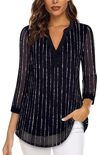 Timeson Womens 3/4 Sleeve Tops and Blouses,Trendy Tops for Women 2023 Long Tunic Tops for Leggings Winter Fall Business Casual Clothing Office Work V Neck Dress Shirts Ladies Maternity Black White XL