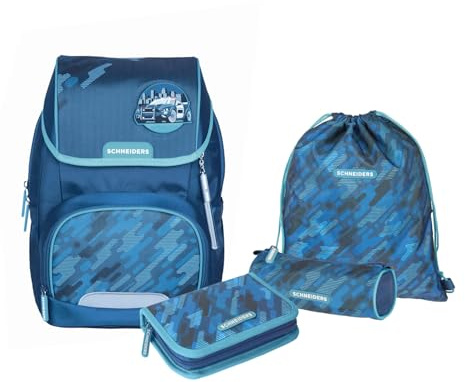 Schneiders 78454-069 - Schulranzen Ergojet Camo Blue, 6-teiliges Set mit Schultasche, Federmäppchen, Schlamper, Sportbeutel und individuellen Patches