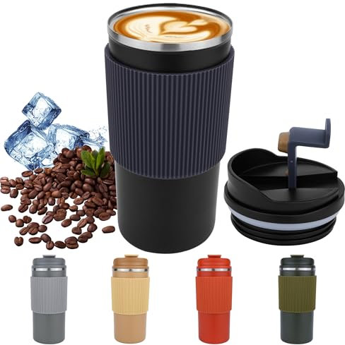 Disoza 480 ml Schwarz Kaffeebecher Thermobecher Travel Coffee Mug Thermobecher Kaffee to go Kaffeebecher to go Thermo Becher mit Deckel Termokaffeebecher Thermotasse Trinkbecher mit Deckel