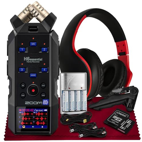 Zoom H6essential Tragbarer Studio-Recorder, H6E 32-Bit Float, 6-Spur-Recorder, Zugänglichkeit, 4XLR/TRS mit 64GB SD, Stativ, Kopfhörer, wiederaufladbare Batterien und mehr für Musiker, Podcaster