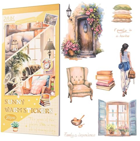 BRTNUP Journaling Sticker Book, 20 Sheets Aesthetic Scrapbooking Stickers Set Pre-Cut Scrapbooking Journal Stickers for Scrapbook Journal Supplies (Sunny Warm)