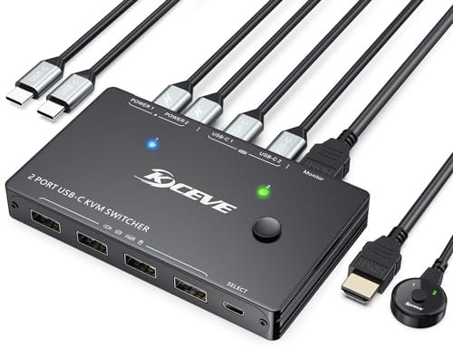 USB C KVM Switch 4K@60Hz, MLEEDA USB-C KVM Switches for 2 Laptops Share 1 Monitor and 4 USB2.0 Devices, 80W Charging for Laptop,Compatible with Windows and Mac OS,Wired Remote and 3 Cables Included