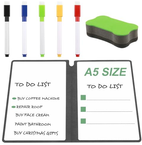 Mini tableau blanc A5 34 x 24 cm planificateur hebdomadaire effaçable 5 stylos magnétiques 1 gomme verte coque cuir pliable pour maison, bureau, école