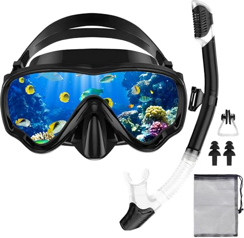 POWZOO Maschera Snorkeling,Occhialini da Sub panoramici a 180°,Anti-Nebbia Maschera Subacquea Adulti con Boccaglio,per Snorkeling Nuoto e Immersioni（nero）