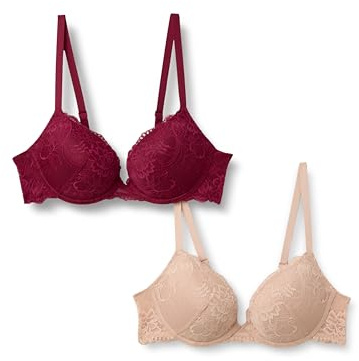 Amazon Essentials Sujetador Push-Up de Encaje Elástico Mujer, Paquete de 2, Burdeos/Pétalo Claro, 85B