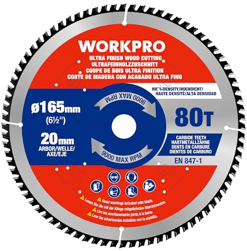 WORKPRO Sierra Circular 165 x 20 mm 80 dientes, TCT Disco de Corte para Madera, Madera Contrachapada, MDF, Paneles de Yeso, Laminado, Plástico