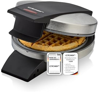 Cloer 1699 Amerikanisches Waffeleisen für eine runde Waffel mit 15,5 cm Durchmesser, mit Antihaftbeschichtung, fest eingestelltem Bräunungsgrad und optischer Fertigmeldung, Edelstahl, 930 W