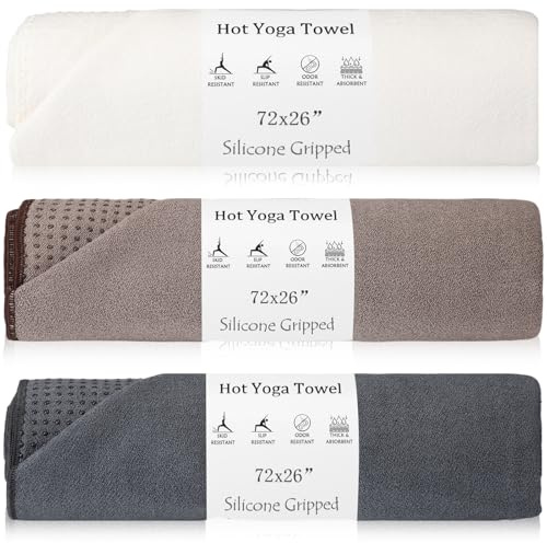 Hahafelt 3 Pack Hot Yoga Towel Non Slip 72 x 26 Extra Large Microfiber Yoga Mat Towel with Grip Dot Absorbent Sweat Anti-Slip Mat Cover for Pilates Fitness(Beige Dark Gray Coffee)
