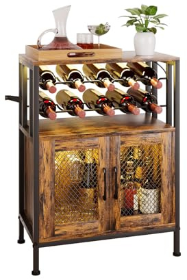YORBAY Armario de Vino con Luz LED: Mueble Botellero Estilo Industrial con Puerta de Rejilla para 10 Botellas y 6 Copas - Mueble Bar Botellero Vino para Cocina Comedor y Salón