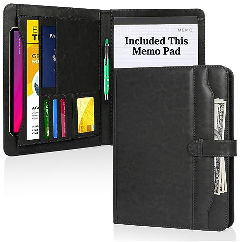 Toplive A4 Conference Portfolio Folder avec bloc-notes au format lettre / A4 (papier bloc-notes inclus), porte-cartes, manchons, poches pour la conférence de bureau de l'école de commerce Noir