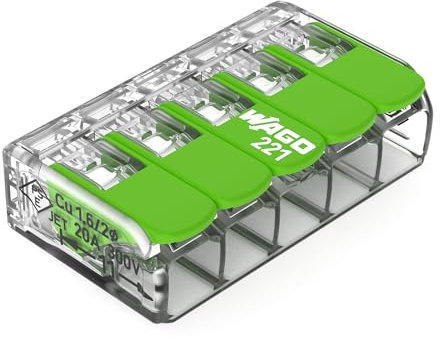 WAGO Green Range Terminal Block 5-Wire, to 4 mm², Splicing Connectors 5-Pole with Lever for All Conductor Types Pluggable, 221-425, 8 pcs