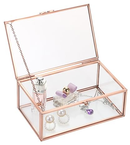 TOLIDA Small Vintage Glass Lidded Box - Rectangle Jewelry Display for Rings, Bracelets, Necklaces - Tabletop Storage (Rose Gold)