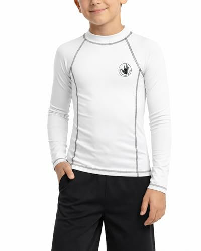 Body Glove Boys Swim Shirt - UPF 50+ Sun Protection Quicky Dry Long Sleeve Rash Guard for Boys Youth Kids Swimwear (5-14), Size 10, White Long Sleeve