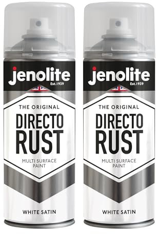 JENOLITE Directorust Spray Paint Satin Finish | WHITE | 2 x 400ml | Direct To Rust Spray Paint For Metal | All-In-One Multi Surface Paint for Metal, Wood, Plastic, Ceramic | RAL 9016