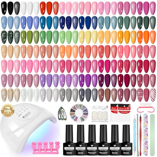 VANREESA Kit Uñas Semipermanentes Completo, 55 Colores, Kit Manicura con Lampara UV 48W, Top Base Mate Purpurina Coat y Herramientas para Principiantes