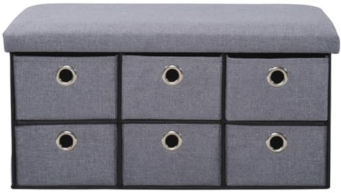 Kesper Bench with Storage Boxes 76 x 38 x 38 cm Stool Grey Modern Seat Cube Decorative Footstool Living Room Hallway 6 Drawers Practical Upholstered Bench Bed Bench