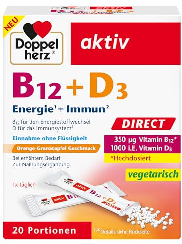 Doppelherz B12 + D3 DIRECT - Hochdosiert mit 350 μg Vitamin B12 und 1000 I.E. Vitamin D3 für eine normalen Funktion des Immunsystems - 20 Portionen