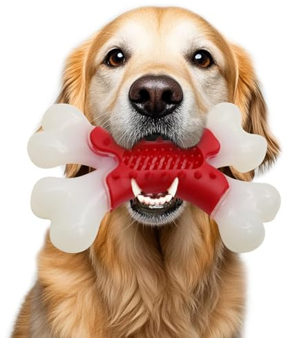 LaRoo Dog Toys for Aggressive Chewers Medium Dogs, Tough Dog Toys, Puppy Teething Chew Toys, Heavy Duty Indestructible Bones, Peanut Butter Slot for Snacks, Meat Flavor & Dental Care (Red)