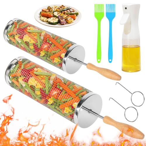 Nestendes Rollendes Grillkorb Set mit Abnehmbarer Holzgriff（2PCS）,Rolling Grilling Basket, Grillnetzrohr Edelstahl zylindrische Grillkorb für Den Außengrill für Gemüse，Geschenke für Männer