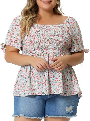 Agnes Orinda Blusas casuales de talla grande para mujer Escote cuadrado Pajarita movida Camisas de manga corta Tops de verano, Rosa., XXL Grande
