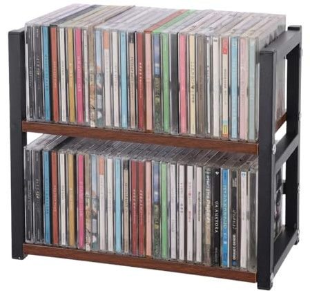 Rainmae CD Holder for Display Wooden Metal CD Storage Shelf Desk Rack Organizer Sturdy Game Disc Display CD Organizer for Countertop Storage Media Shelf Home Office Ideal for Music Enthusiasts (Black)
