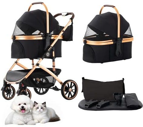 Lnhcrbs Passeggino Cani-Passeggino Per Gatti Con Cesta Rimovibile Per Animali, Rete Totale Ventilata, Tessuto Antigraffio E Resistente, elaio In Alluminio (22 Kg),Per Cani E Gatti Piccoli/Medi-Nero