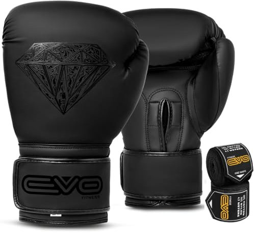 EVO Maya Hide Leder-Boxhandschuhe für MMA-Boxsack, Sparring, Muay Thai, Kickboxen, Kampftraining, inkl. Handbandagen, Schwarz/Diamant, matt, 284 g (Schwarz, 12 OZ)