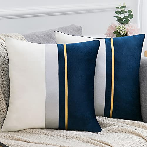 Serento 2 Pack Patchwork Velvet Cushion Covers Modern Luxury Decorative Cushion Covers with Gold Striped Leather Throw Pillow Cases for Couch Sofa Bed Living Room (Blue, 50 x 50 cm (Pack of 2))