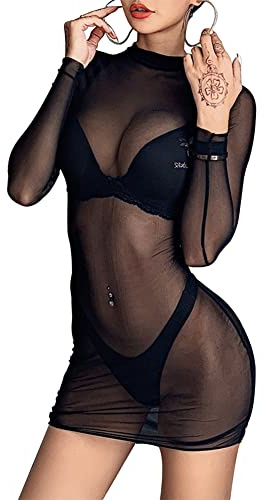ROSAA Intimo Donna Sexy Lingerie Rete,Mini Abito Attillato in Pizzo,Babydoll Trasparente Maniche Lunghe,Abiti Corti Discoteca,Camicetta Pullover Aderente Estivo,Collant Sottoveste(Nero)