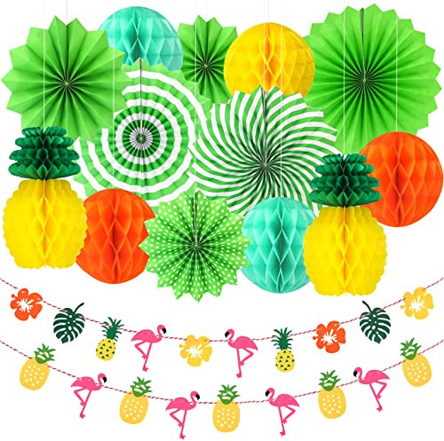 G2PLUS 15 Stück Hawaii Party Dekoration - Papier Pompoms - Papierfächer Faltbar mit Hawaii Papier Wimpelkette für Hochzeit & Baby-Shower, Geburtstag Party