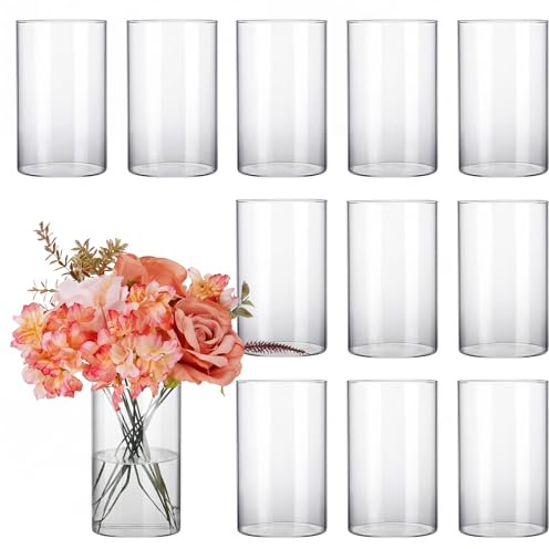 CUCUMI 12pcs Glass Cylinder Vases for Centerpieces, Flower Vases Wedding Decorations, 6 Inch Tall Glass Candle Holder for Table Shelf, Floral Vase Bulk for Home Decor