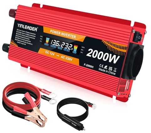 Yinleader Wechselrichter 12V 230V 1000W /2000W Spannungswandler LCD mit 1 Steckdose 2 USB Anschlüsse