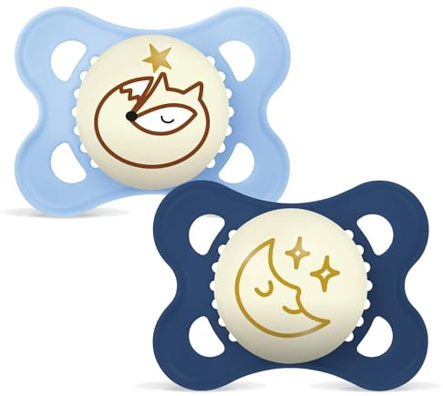 MAM Chupete que Brilla en la Oscuridad, 2-6 Meses, con Tetina Simétrica, Plana y Flexible de Silicona de Fácil Aceptación, con Caja Autoesterilizadora, Original, Azul Mate, Pack de 2uds, Noche