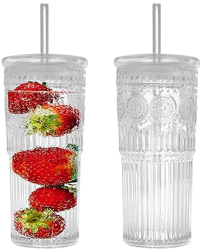 Bandesun All Glass Iced Coffee Cup With Lids and Straws，24 OZ High Borosilicate Glass Tumbler for Water Smoothie Juice Drinks