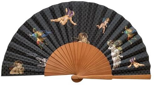 Abanico Español - Madera y Algodón - 23 cm - Estuche y Funda de Yute - Hecho a Mano en España - Eventos y Regalos - Colección Fansofart - Tusitala Barcelon (Perseo)