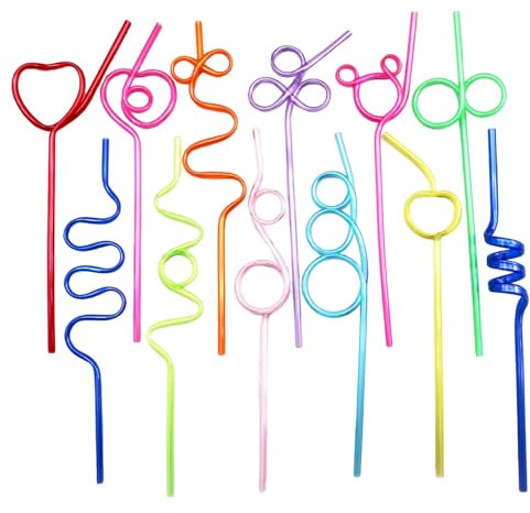 12 Pcs Plastic Straws, Silly Straws, Colorful Curly Straw for Kids, Multi-Shaped PVC Colourful Drinking Creative Reusable Party Straw Plastic, for Friends' Gathering Birthday Camping Use