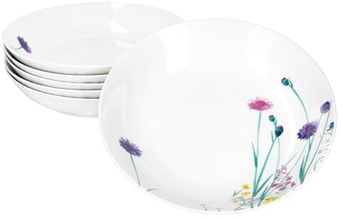MamboCat 6er Set Marie Suppenteller I 400ml I Porzellan-Geschirr mit Blumenwiese-Dekor für 6 Personen I Tiefe Teller für Salat, Suppe, Müsli, Pasta & Co.