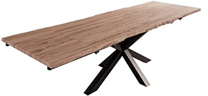 SAM Baumkantentisch 140 (220) x 90 cm Janosh, Akazienholz massiv & stonefarben, Esstisch inkl. 2 Ansteckplatten 40 x 90 cm, echte Baumkante, Spider-Metallgestell in Schwarz