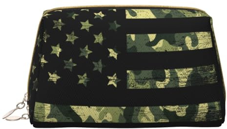 Bolsa de maquillaje de cuero, bolsa de maquillaje de camuflaje con bandera estadounidense, bolsa de aseo de viaje para mujeres, bolsa de maquillaje, organizador de bolsa de maquillaje de gran