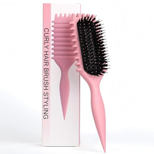 Curl Brush - Define Styling Brush with Prongs, for Combing and Shaping Men's and Women's Curls to Reduce Pulling and Curl Separation (Pink, 28cm)