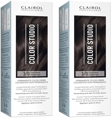 Clairol Professional Color Studio Permanente Haarfarbe Dunkelbraun 3/0 (110 ml) – mit Metal-Purifier für 6 x weniger Haarbruch, 10 Wochen sattes Farbergebnis & 100% Grauabdeckung – inkl. Haarkur