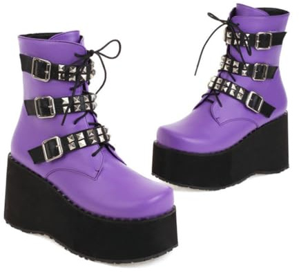 KUHAOFEU Women's Platform Gothic Ankle Booties with Studded Metal Buckle Lace Up Wedge Thick Sole Punk Motorcycle Combat Short Boots,Purple,10 UK