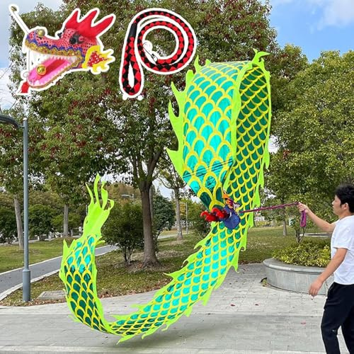 Wu Long Drakebandsvitmellanlägg, Drakepoi-dansband Med Fjäll Och Huvud, Slungande Drakeband Med Jonglering For Utomhusbruk(Green,6m (19.6 ft))