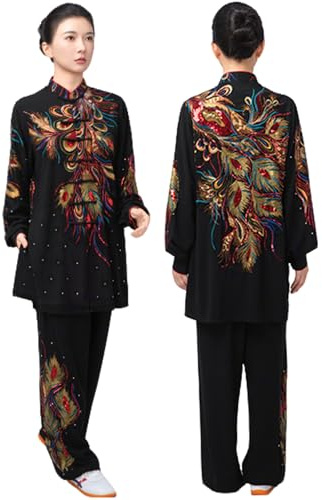 CHUIKUAJ Abbigliamento Tai Chi da Donna, Uniforme Tradizionale da Kung Fu con Ricamo di Fenice, a Maniche Lunghe, per Arti Marziali, per L'esercizio Mattutino (Black, XL)