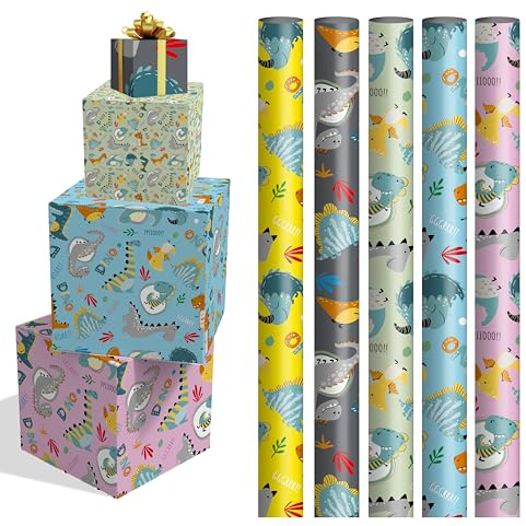 Pack de 5 Rollos de Papel de Regalo Ángel Europa, 70x200 cm, Diseños Surtidos, Envío en Caja de Cartón Protectora, (Dinosaurios)