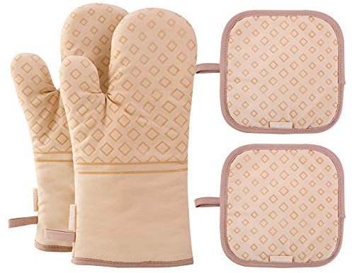 Piduules Set of 4 Oven Mitts and Pot Holders, 482 F Heat Resistant Hot Plate Moving Non-Slip Gloves for BBQ, Grill, Baking, Cooking, Oven, Microwave (Beige)